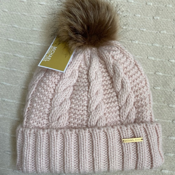 Michael Kors Accessories - Michael Kors Pink Cable Knit Hat with Brown Pom NWT
